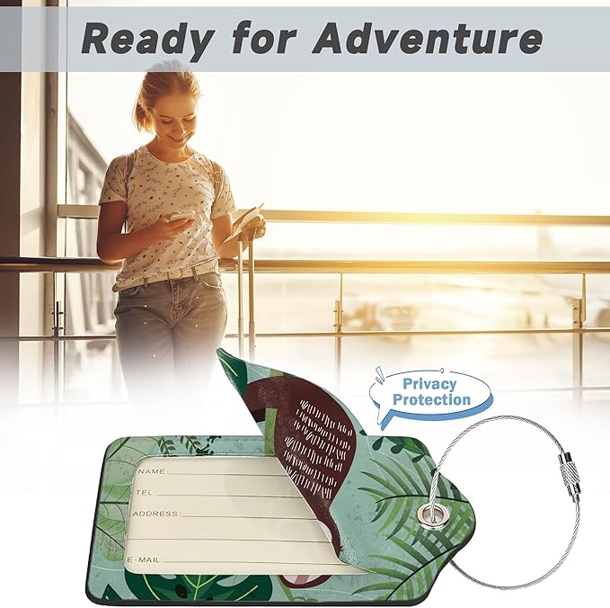 Cute Sloth Luggage Tags for Suitcases,2 Pack Palm Luggage Tag,Leather Stainless Steel Loop Label Tag for Women Men Girls Travel Bag Suitcase