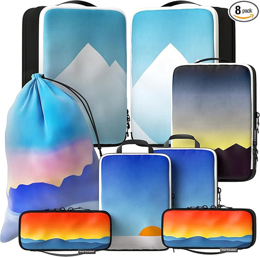8-Piece Luxury Compression Packing Cubes & Bags for Travel – Maximize Space in Luggage with HybridMax Double-Capacity Design, 50 Luggage Tags, Deluxe Set, Lifetime Satisfaction Suitcase Organizer Bags