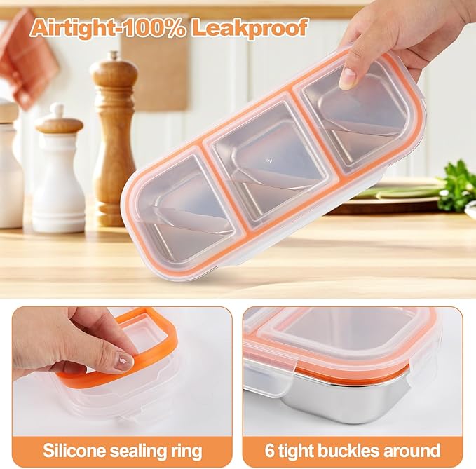 zenjarigily Stainless Steel Snack Containers with Lids, 3 Compartment Leakproof Reusable Snack Box for Nuts, Fruits- Divided Grab & Go Container for School, Office, Travel