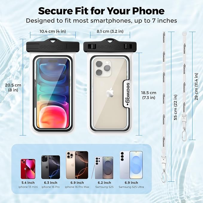 SEAWAG Next Waterproof Phone Case with Lanyard, Floating IPX8 Pouch for iPhone 17 16 Pro Max 15 14 13 12 11 and Samsung Galaxy S25 S24, Beach Cruise Travel Essentials, 1 Pack Black