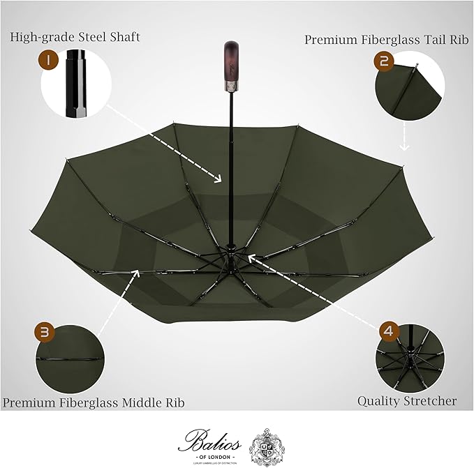Balios Travel Folding Umbrella with Real Wood Handle Auto Open Close Vented Windproof Canopy - Designed in UK