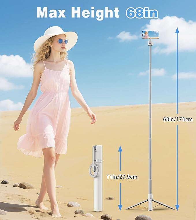 TONEOF 68" Magnetic Selfie Stick Tripod with Aluminum Strong Magnetic Holder for Magsafe, 360° Rotatable Travel Phone Tripod Stand with Metal Ring & Rechargeable Remote for iPhone/Android(Beige Gray)