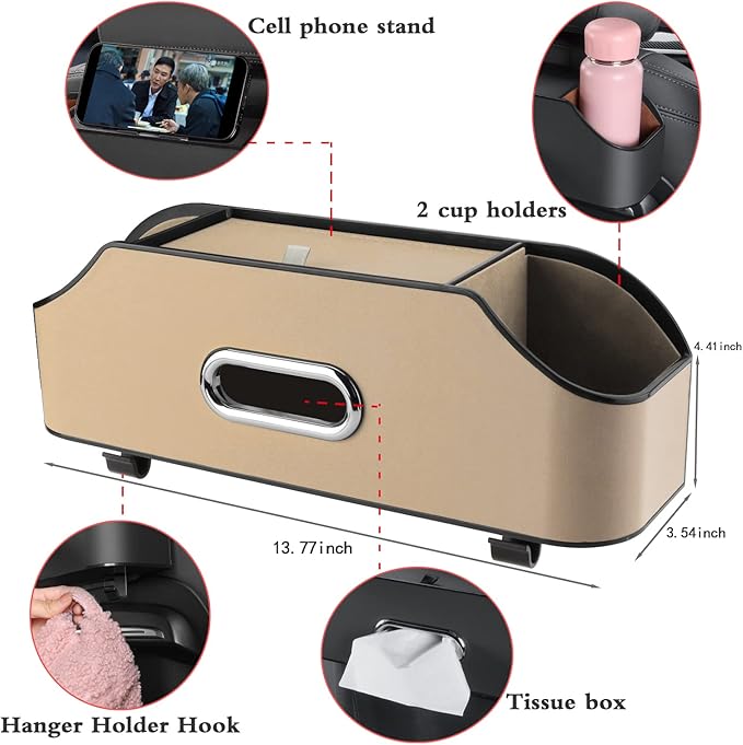 HOLDCY Car Back Seat Organizer with 2 Drink Cup Holder - Tissue Box and Storage Box Hook - Multi-functional Storage - Great for Kids and Travel (Beige)