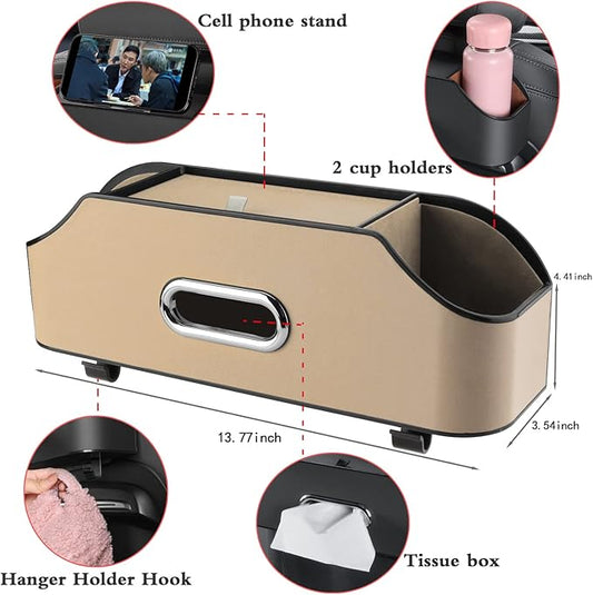 Car Seat Back Organizer - Stylish & Functional Storage for Family Adventures - Cup Holders, Tissue Box & Hooks - Perfect for Kids, Road Trips & Travel (Beige)
