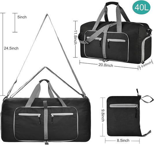 Dimayar 40L Travel Duffle Bag for Men Women - Foldable Duffel Bag with Shoes Compartment - Overnight Bags Waterproof & Tear Resistant(Black)