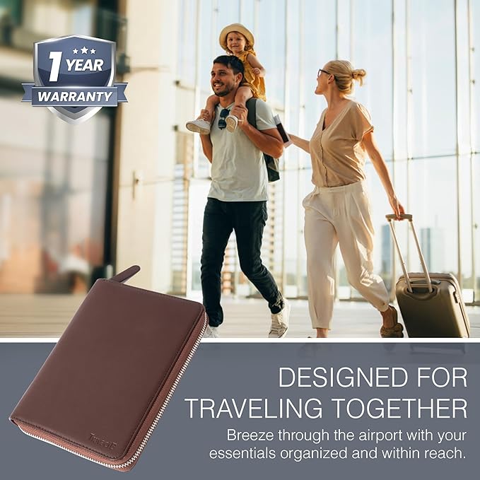 Full Grain Leather Family Passport Holder for 2-4 Passports - RFID Passport Holder and Travel Document Organizer - Large Leather Travel Wallet for Couples and Families - Brown