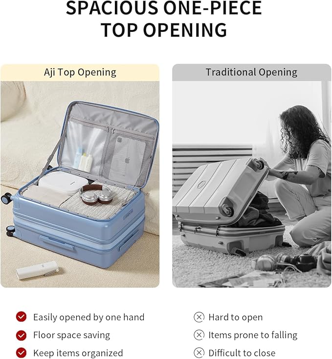 aji Expandable Top Open 26 Inch Checked Luggage with Spinner Wheels, Large Suitcase with TSA Lock, Hardside Travel Luggage Suitcases for Men Women, for 24+Days Travel, Blueberry Blue