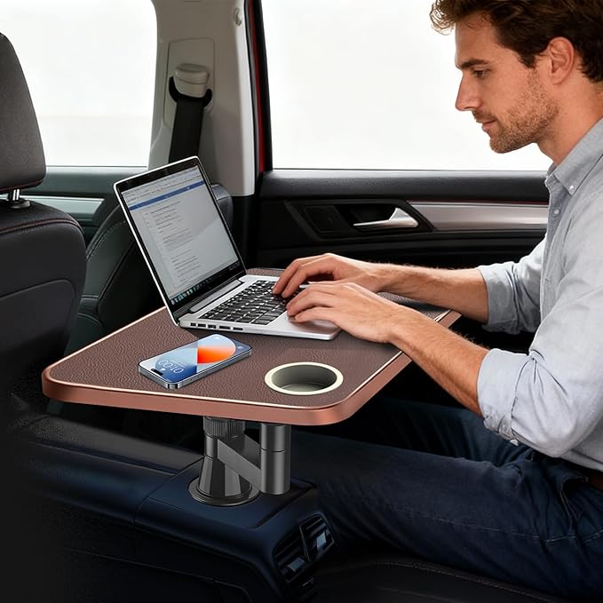 Car Tray& Car Desk for Laptop,Dual 360° Rotating,Anti Slip Leather Surface,Steering Wheel Tray,Car Accessories- Compatible with Tesila Model Y/3/S, Forrd F150/Explorer/Maverick/Most Vehicles (Brown)