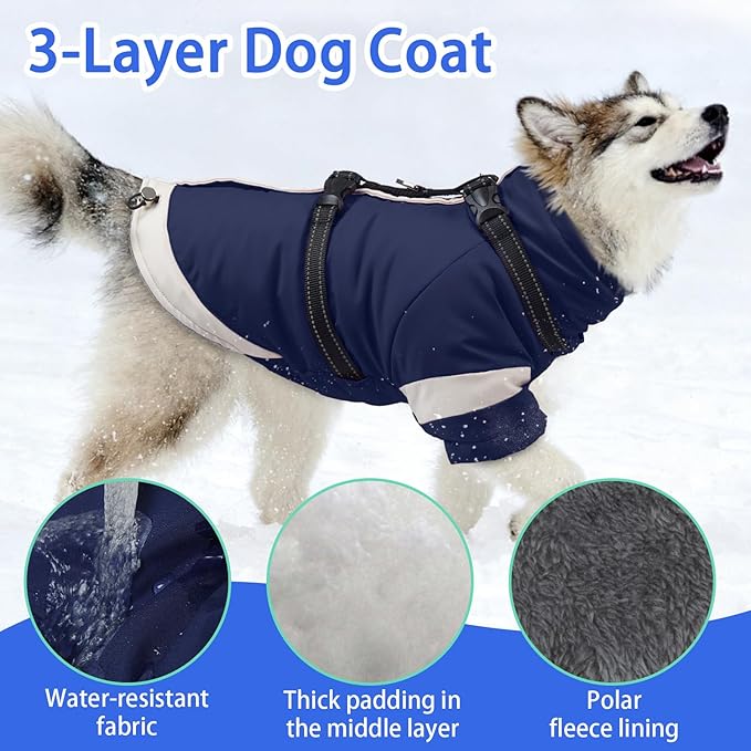MIGOHI Snowproof Dog Jacket with Harness Reflective Small Dog Coat with Sleeves,Waterproof Fleece Winter Puffer Jacket for Dogs,Turtleneck Puppy Coats for Dogs Chilly Day,S,NavyBlue