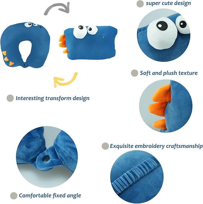 Travel Pillow for Kids & Adults Car Neck Pillow Memory Cotton U-Shaped Neck Pillow Soft Head Support Travel Accessories for Airplane Car Train Bus (Dinosaur)