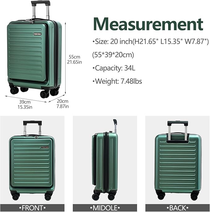 TydeCkare 20 Inch Carry On Luggage with Front Pocket, 21.65 * 15.35 * 7.87" Suitable for Airplane Overhead Bin, 34L Lightweight PC+ABS Hardshell with YKK Zipper, TSA Lock Approved, Dark Green