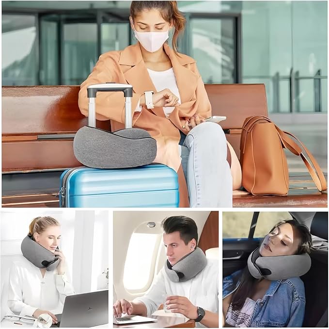 Memory Foam U-Shaped Travel Neck Pillow with Storage Bag, Great for Long Flights, Family Trips, and Offices, Comfortable Breathable Design (Dark Gray)