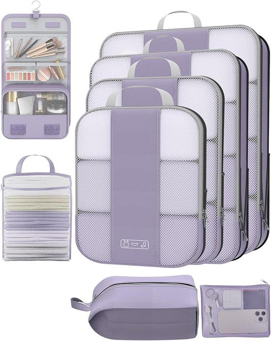 8 Set Compression Packing Cubes for Travel Essentials,Compressible Expandable Packing Cubes for Suitcase,OlarHike Luggage Organizer Bags for Travel,Handy Helper for Organizing Clothes(Purple Gray)