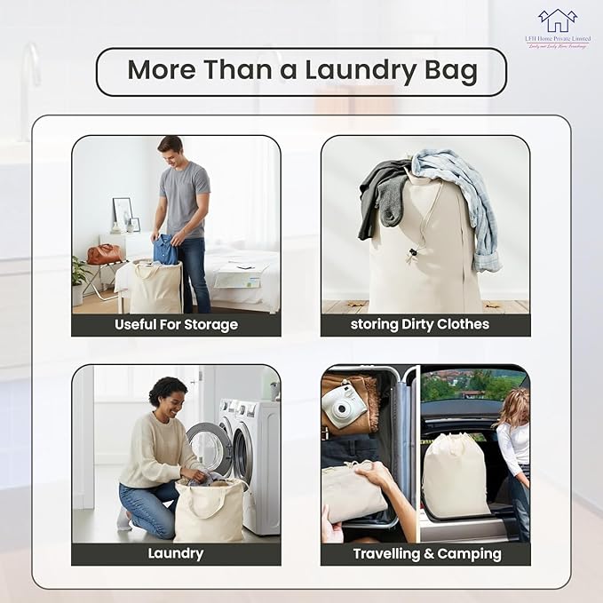 LFH Home Cotton Canvas Large Laundry Bag with Handle, Heavy Duty Drawstring Closure Washable Laundry Bags, School Travel, Home, Hotel, College Dorm, Organizer Sack, Toy Clothes 28x36 (Pack of 6)-White