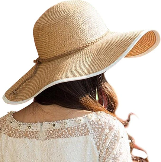 Lanzom Womens Wide Brim Straw Hat Big Floppy Foldable Roll up Cap Beach Sun Hat UPF 50+