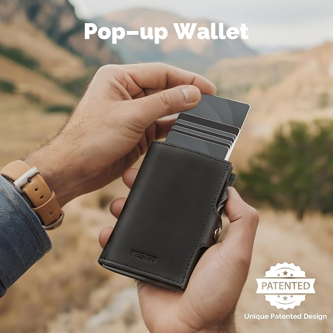 YESIIW Slim Wallet for Men Pop Up Card Holder: Aluminum Case, Premium Leather, Smart, RFID Blocking, Minimalist, Front Pocket - 9-11 Card Capacity | ID Window | Cash Slot (Black)