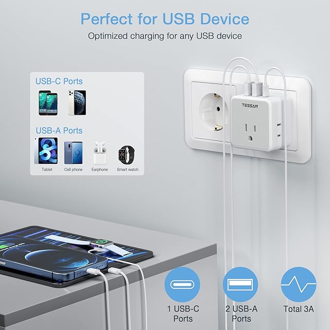TESSAN All European UK Travel Plug Adapter Kit, International Detachable with 3 Outlet 3 USB Charger (1 USB C), Type C/G/E/F EU Ireland Power Adaptor, US to Europe Italy Spain France Greece