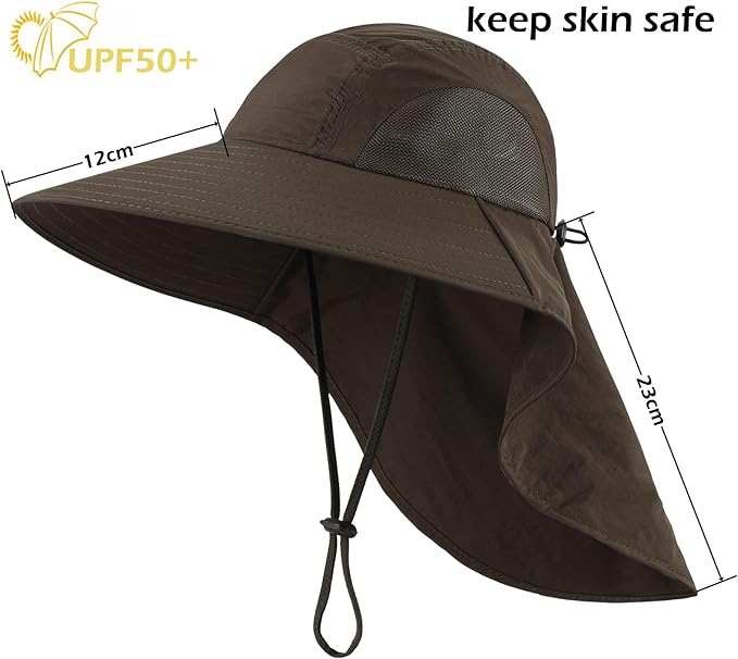 LLmoway Wide Brim Sun Hat with Neck Flap for Men Women Summer Outdoor UV Protection Breathable Fishing Hats with Strap