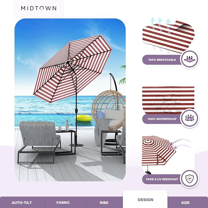 MIDTOWN UMBRELLAS The Lean 6 Feet Outdoor Umbrella With Terylast Red Stripes (Red/White Stripes) Polyester Fabric - 8 Ribs Aluminum Frame Patio Umbrella With Zinc Alloy Crank Lift And Auto-Tilt System