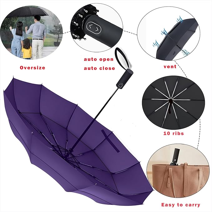 MRTLLOA 49/54/62 Inch Large Folding Golf Umbrella, Oversize Double Canopy Vented 10 Ribs Windproof Compact Travel Umbrellas for Rain