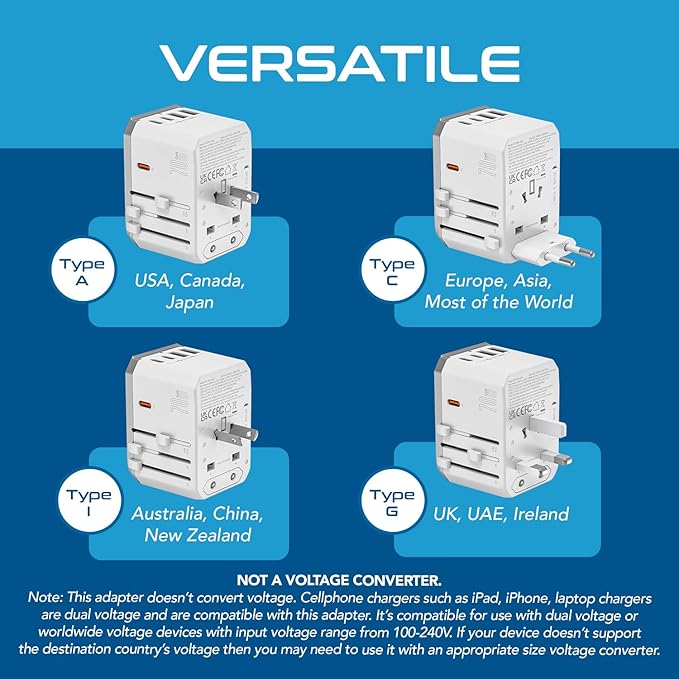 Ceptics 6 in 1 Universal Travel Adapter with PD 70W USB-C and 2X USB-A and 2X USB-C 3A, Universal Charger with QC 3.0 for US/EU/UK/AU, Universal Power Adapter with Type I C G A Outlets