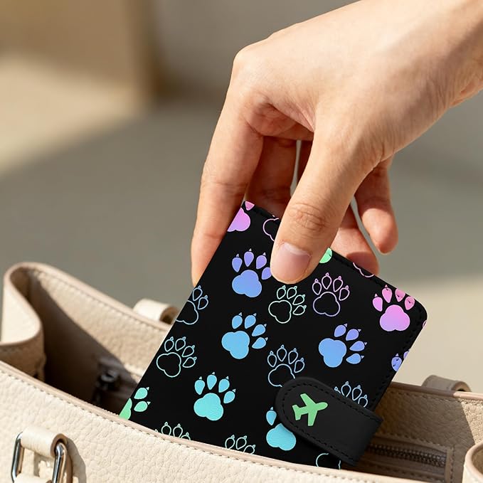 Passport Holder, Travel Wallet Cover with Pen Loop | Cute RFID Blocking Leather Case with Magnetic Closure for Travel Essentials-Pawprint
