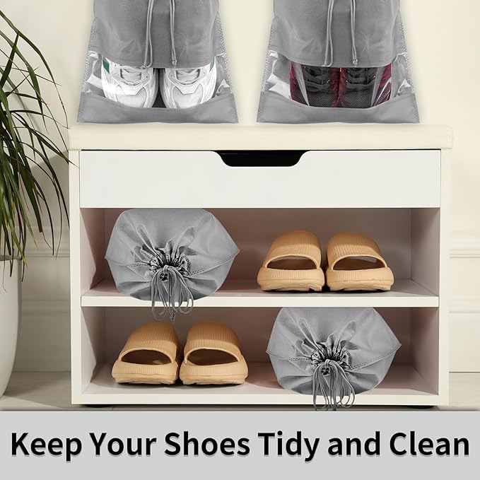 12 Pack Large Shoe Bags for Packing with Clear Window, Dustproof Drawstring Travel Shoe Storage Bags for Men & Women, Gray