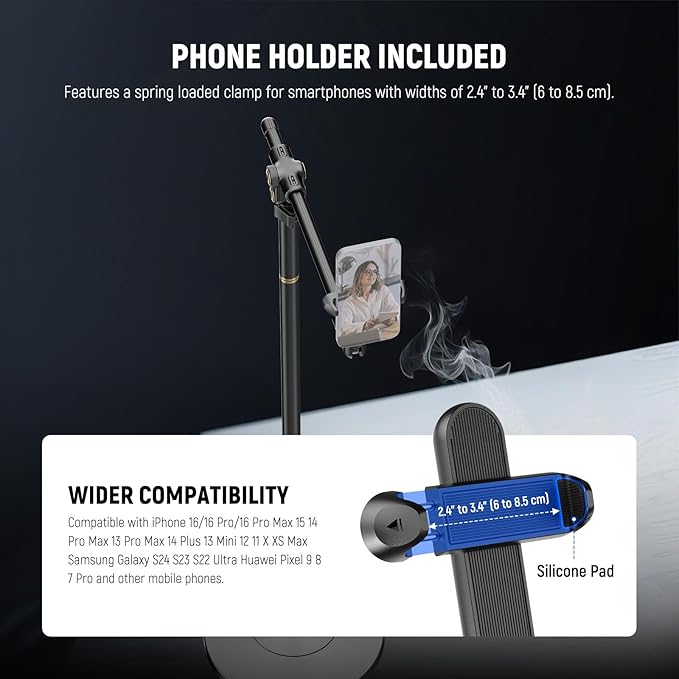 NEEWER BASICS Phone Floor Stand with Horizontal Extension Arm, Adjustable Bed Phone Holder Clamp Mount Compatible with iPhone 16 15 Pro Max Plus Samsung for Video Recording, Weighted Metal Base, ST009