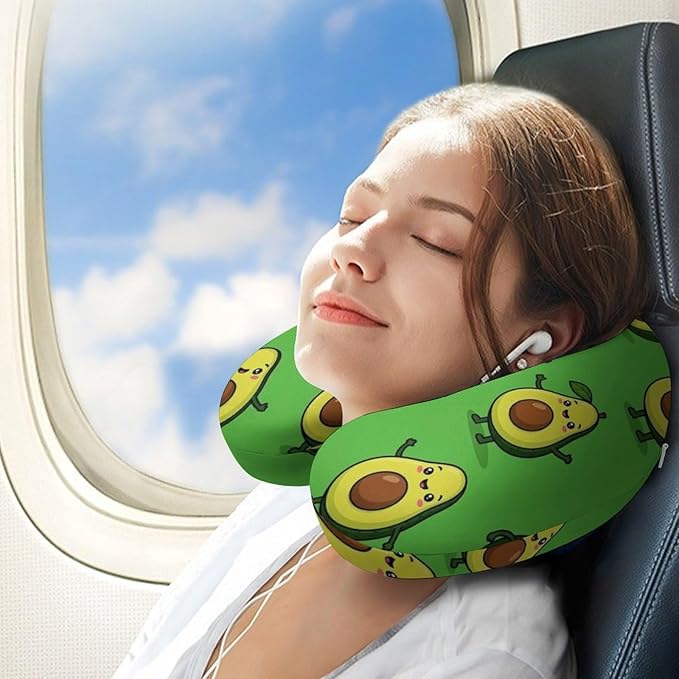 Travel Neck Pillow Memory Foam U Shaped Cushion Cute Cartoon Avocado, Washable Cover for Airplane Car Office Home Sleeping Pain Relief