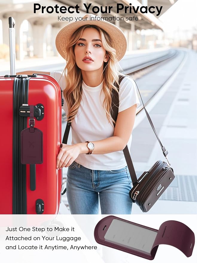 Luggage Tags Built-in Anti-Loss Tracker, Luxury Leather Luggage Tags for Suitcase, Travel Bags, Backpacks, Travel Organizer for Lost Baggage Prevention (Rose Purple)