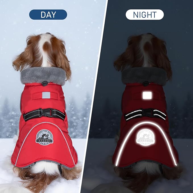 KYEESE Waterproof Dog Coat, Windproof Winter Jacket with Thick Fleece Lining, Extra Warm Turtleneck Dog Coats for Medium Dogs with Leash Hole and Reflective Design, Red, X-Large