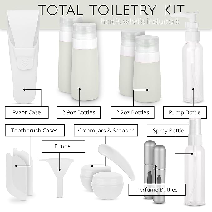 Travel Size Toiletry Bottles, Kit of 16 - TSA Approved Toiletries Essentials for Flying - Silicone Containers, Squeeze Bottles and Accessories for Shampoo, Conditioner, Liquids, Perfume, White