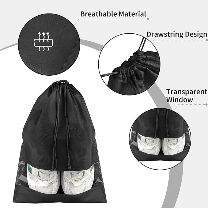 Large Black Travel Shoe Bags - 10 Pcs with Clear Window, Non-Woven Drawstring, 12.6" X 17.3" for Men Women