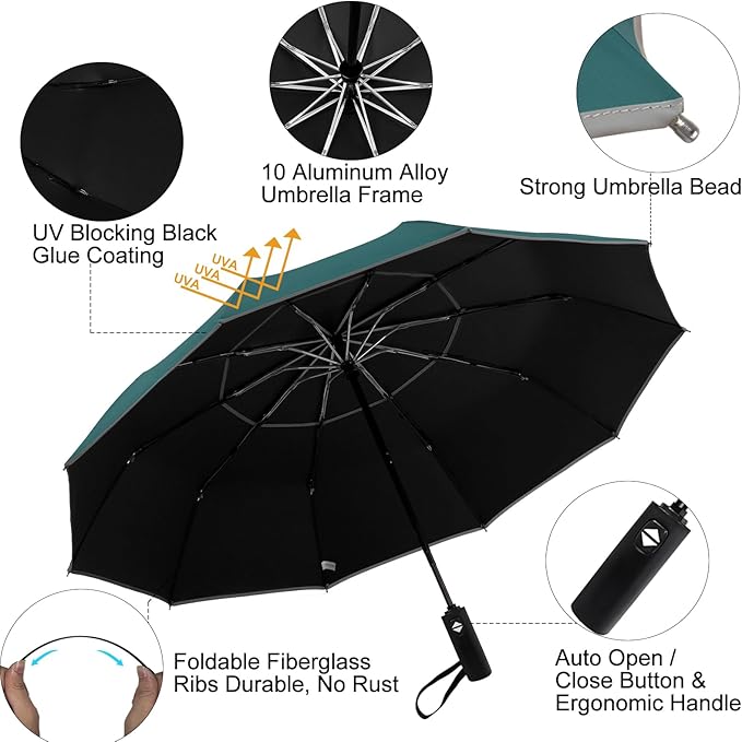 Satol Extra Large Golf Umbrella, 46/54/62 Inch Windproof 10 Ribs Vented Double Canopy Reflective Strips Automatic Open/Close Waterproof UV Protection Portable Compact Umbrella for Outdoor & Travel