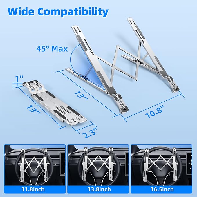 Angle Adjustable Car Steering Wheel Laptop Holder,Foldable Laptop Stand for car,Metal Car Notebook Riser | Car Reading Stand | Car Tablet Holder, Multipurpose Travel Car Accessories (Silver)