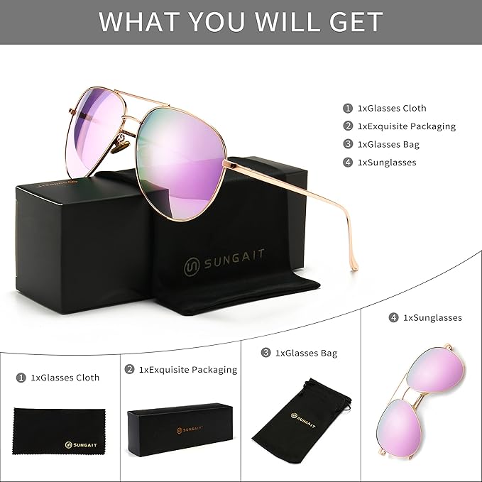SUNGAIT Women's Lightweight Oversized Aviator Sunglasses - Classic Style Polarized Lens