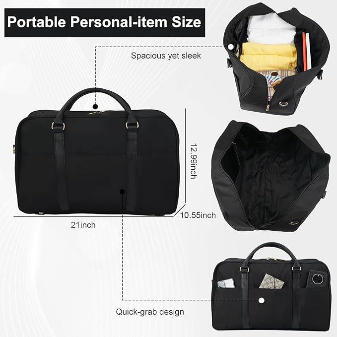Travel Duffle Bag for Women & Men - Weekender Overnight Bag, Large Carry-On Gym Bag, Sports Duffel, Hospital Bag, Yoga Tote,Work Bag & Trolley Sleeve (Black)