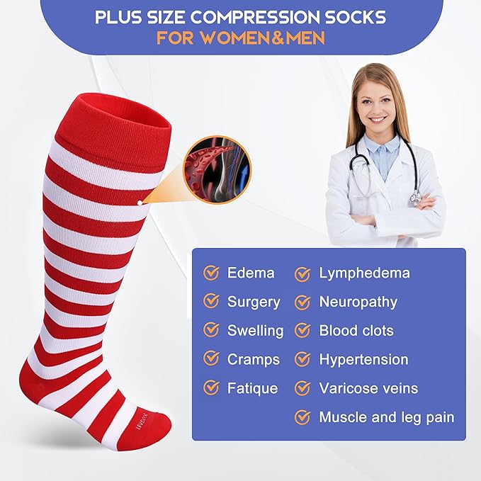 LEVSOX Plus Size Compression Socks for Women Men Wide Calf Extra Large 15-20 mmHg Knee High Sock for Nurses Pregnant Travel