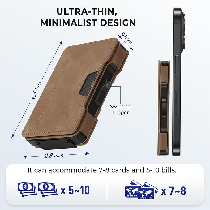 Slim Wallet for Men - Minimalist Mens Wallet with Money Clip, Aluminum Pop Up Card Case and Leather Slots Credit Card Holder RFID Blocking Wallet for Men with Gift Box