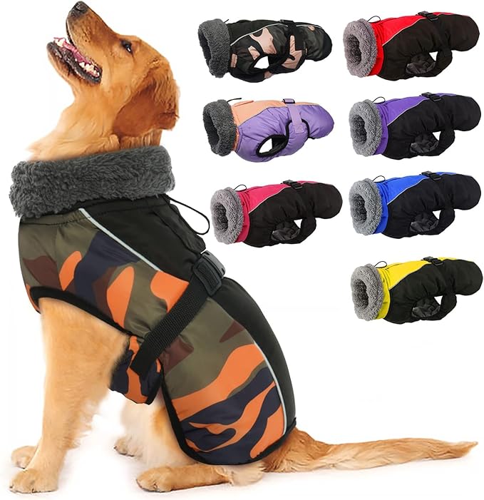 IECOii Extra Warm Dog Coat - Adjustable Winter Jacket with Buckle, Fleece Turtleneck, Reflective Accents, Orange Camo for Small to Extra Large Dogs