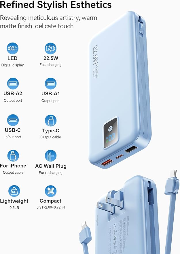 Portable Charger, 12000mAh 22.5W Fast Charging Power Bank with Built-in Cables & Wall Plug, Travel Essential Battery Pack with LED Display, USB C Battery Phone Charger for iPhone, iPad, Samsung Blue