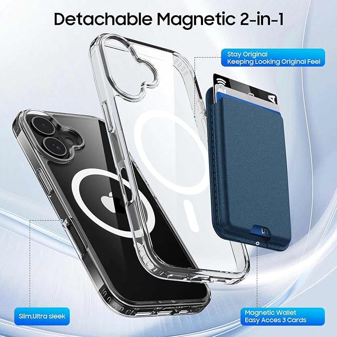 Ntwinro Magnetic for iPhone 17 Clear Case (Compatible with MagSafe) with Blue Detachable Wallet & Card Holder for 3 Cards [RFID Blocking] Military Grade Protective Slim Phone Cover