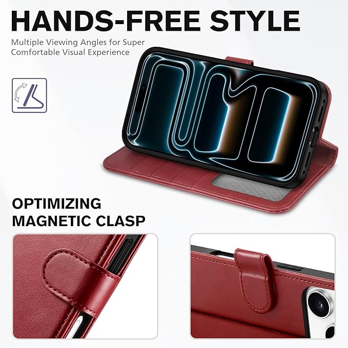 TUCCH Case Wallet for iPhone 17 Pro (6.3-Inch) 2025, Wrist Strap | Stand | RFID Blocking | 4 Card Holders | TPU Shockproof Inner Shell | PU Leather | Magnetic Folio Cover | Dark Red