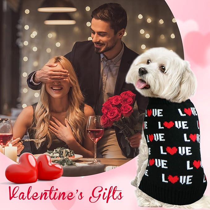 GOYOSWA Valentines Dog Sweater, Dog Valentines Clothes Outfit Knitted Sweaters for Small Medium Large Dogs Pets (Black Love, Large)