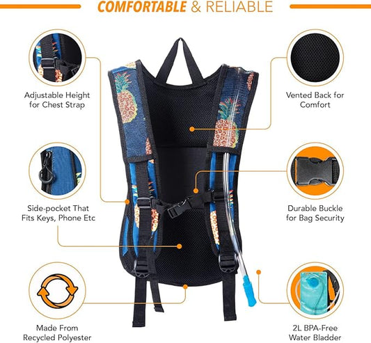 Vibe Festival Gear Hydration Pack Backpack with 2L Water Bladder for Women, Men, Teens, Kids - Hydropack Hydro Sports, Outdoor, Running, Camping, Hiking, Festivals, Raves