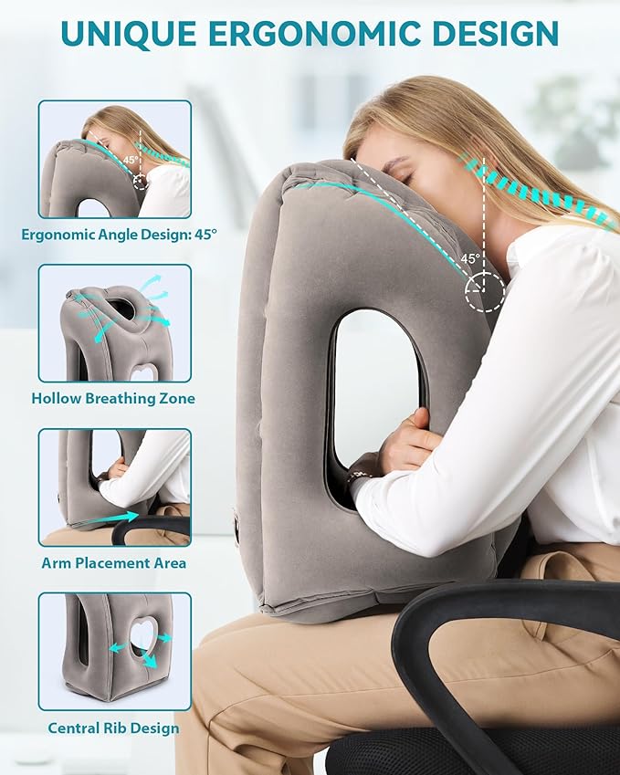 JefDiee Inflatable Travel Pillow, Airplane Neck Pillow Comfortably Supports Head and Chin for Airplanes, Trains, Cars Office Napping on The Tray Table (Grey)