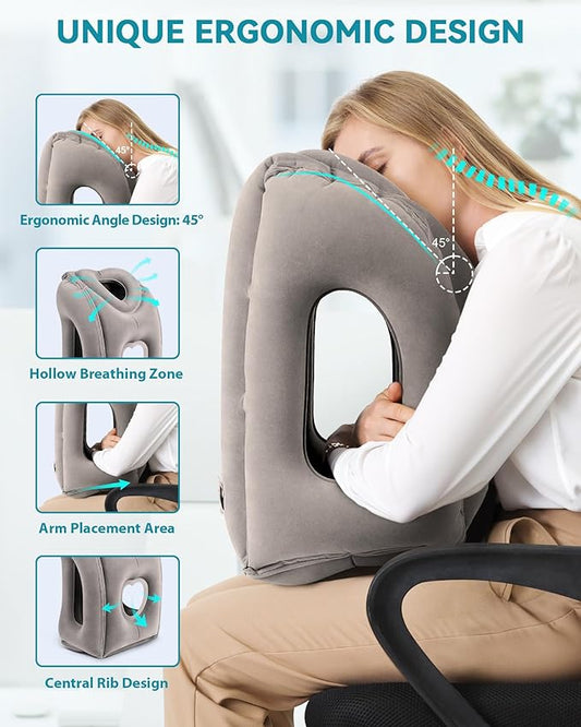 JefDiee Inflatable Travel Pillow, Airplane Neck Pillow Comfortably Supports Head and Chin for Airplanes, Trains, Cars Office Napping on The Tray Table (Grey)