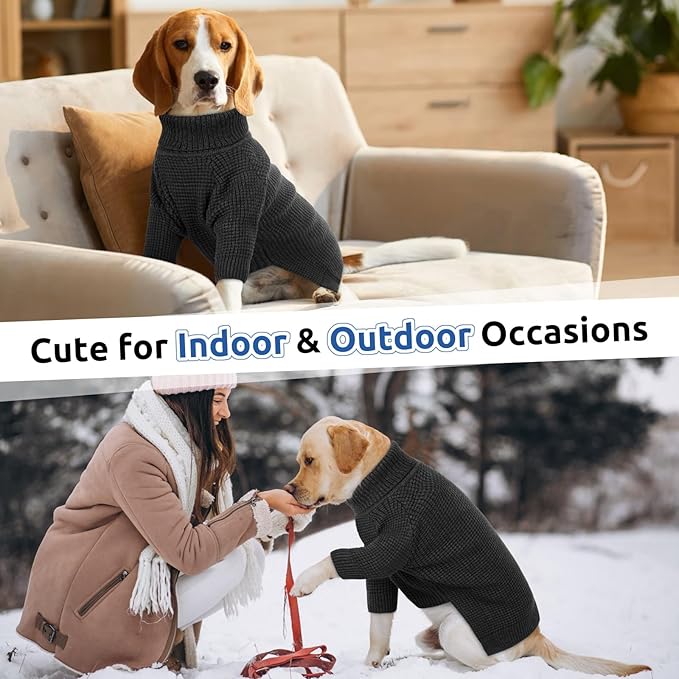 Queenmore Turtleneck Long Sleeve Knitted Dog Sweater With Check Pattern, Fall Winter Warm for Small Medium Large Dogs, Solid Pull-on Pet Sweater for Cats, Charcoal Gray L