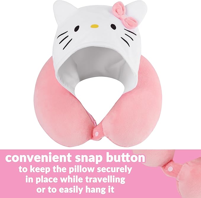 Hello Kitty Girls Teens Travel Pillow with Hood, Memory Foam Cushion Travel Accessories Flight Pillow Neck & Head Support