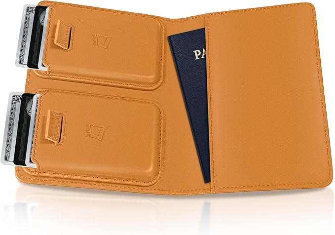 Kings Loot Passport Holder Wallet – RFID Blocking Leather Travel Wallet with Built-in Airtag Holder – Holds 1-6 Cards & Passport – Easy Pull Tab – Slim & Stylish Wallets (Cognac/Engraved)